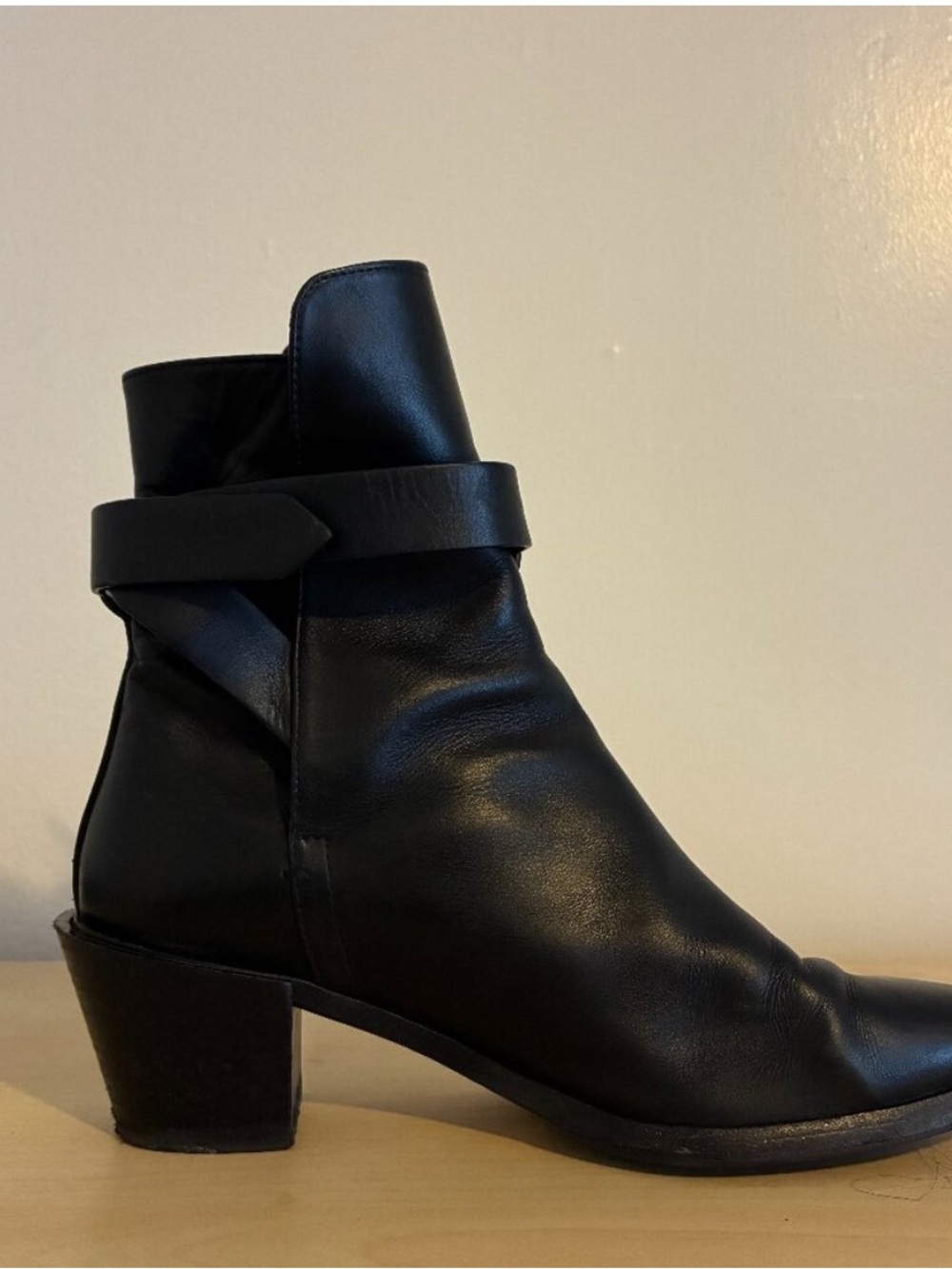 Women's Black Leather Ankle Boots with Strap Detail